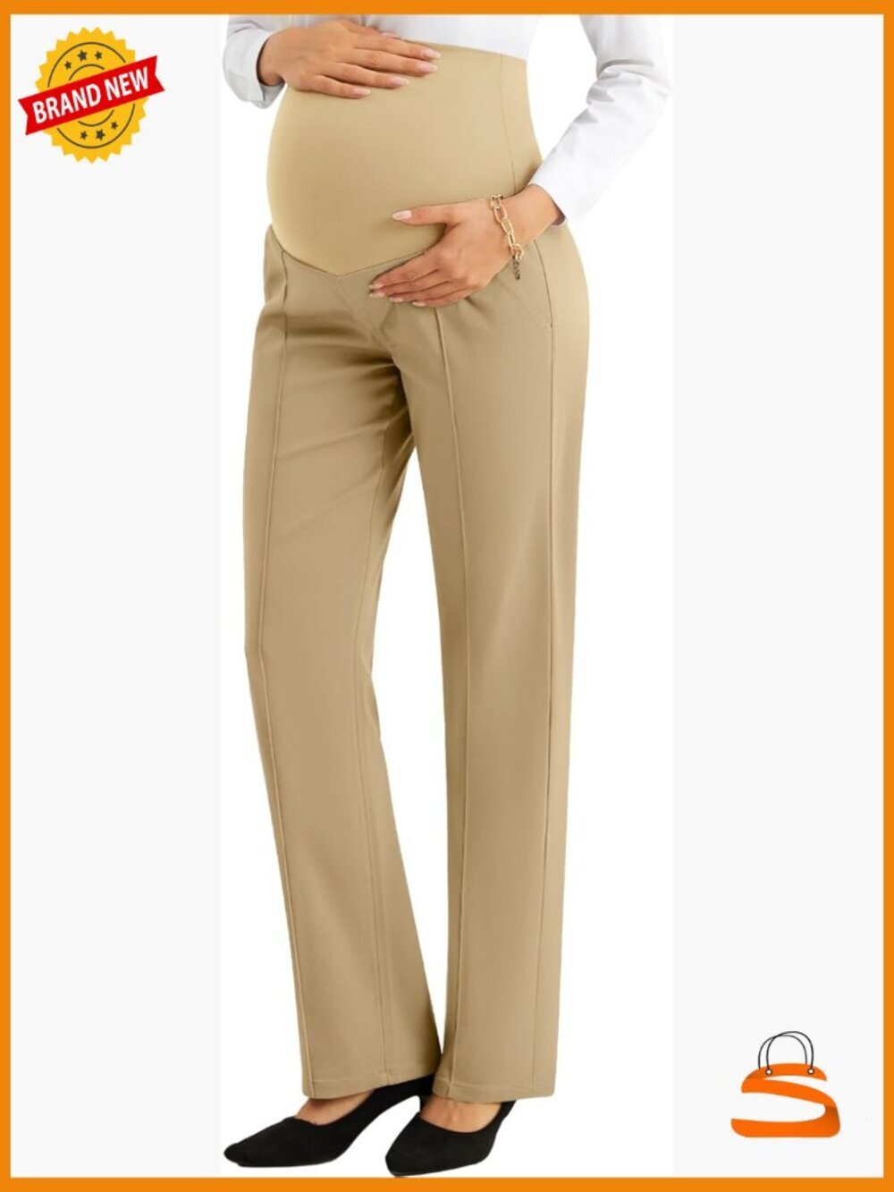 Maternity Work Pants Over-Bump Stretchy Straight Dress Pants with Pockets